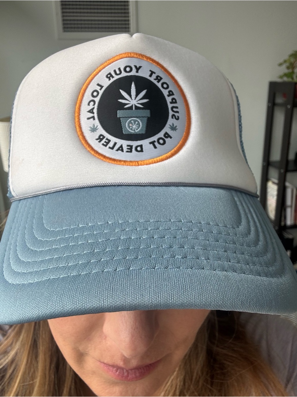White and Light Blue Trucker Hat with Pot Dealer Patch